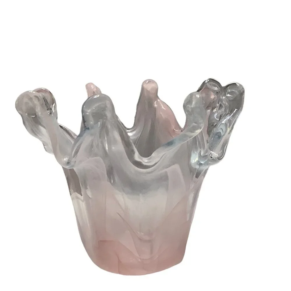 Murano Venetian Glass Splash Vase Crown Flower Top Frosted Pink Swirl Hand Blown
